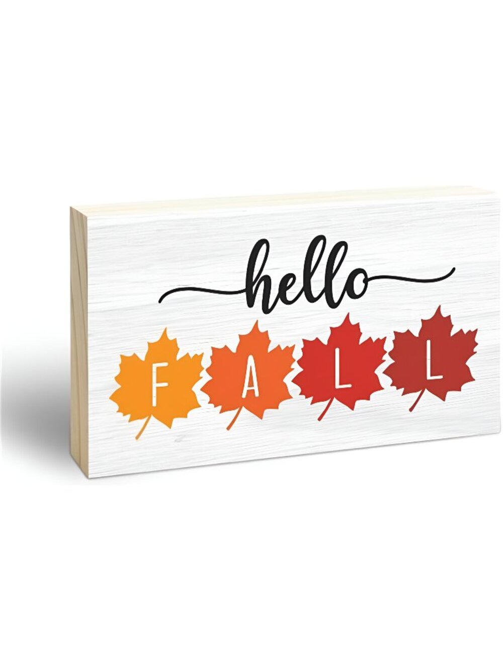 Hello Fall Wooden Block Sign - Watercolor Maple Leaf - Thanksgiving Pine Wood